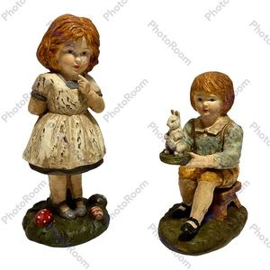 Boy Girl Easter Egg Hiding Figurine Pair Painted Resin Not Marked Modern